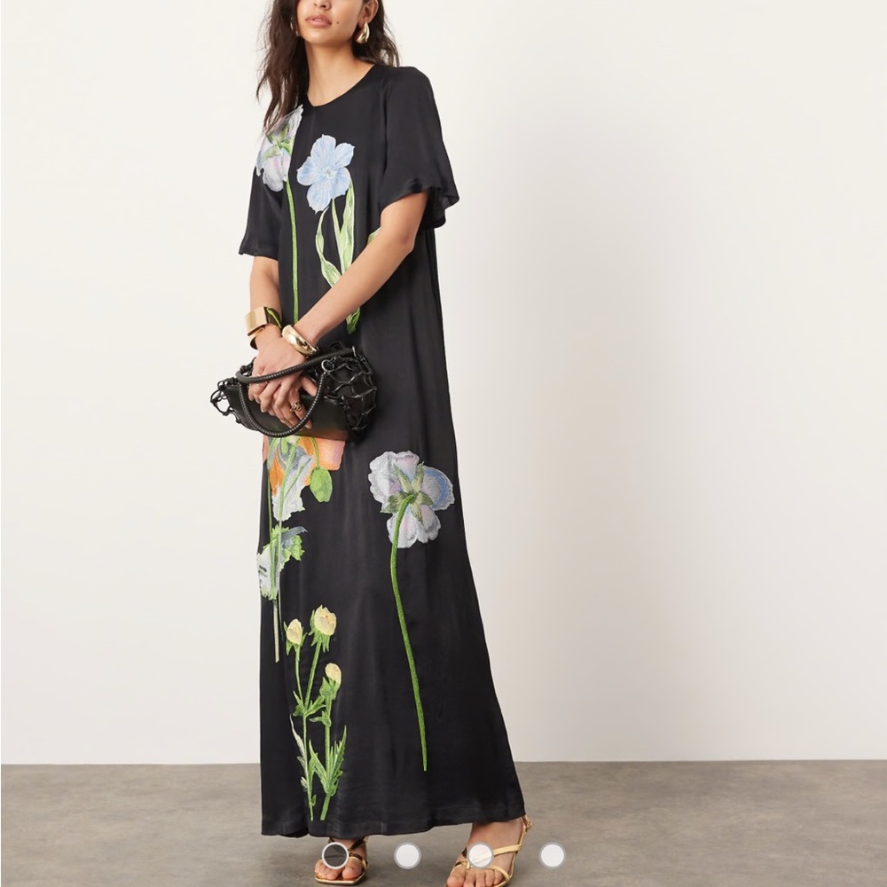 ASOS EDITION satin floral embroidered T-shirt maxi dress in black